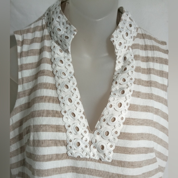 Eliza J Womens Striped Linen V Neck Lace Trim Circle Detail Summer Dress Size 8 - Picture 3 of 10